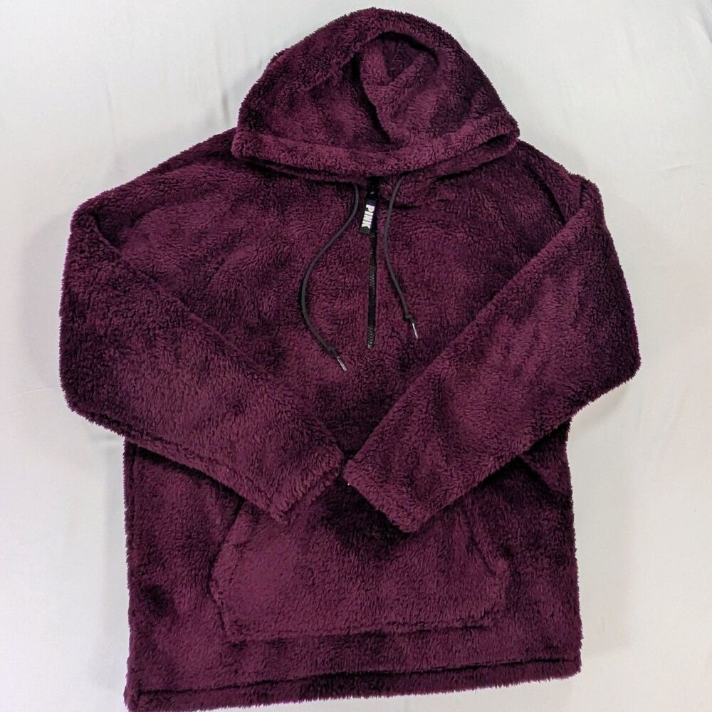 PINK Victoria Secret Pullover Hoodie Maroon Soft Sherpa 1/4 Zip Women's Size M